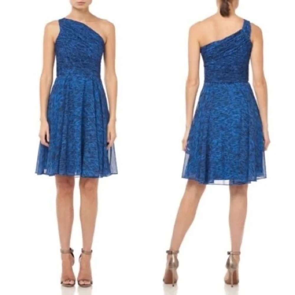 Halston Heritage One Shoulder Blue Cocktail Dress Size 12 Fit Flare